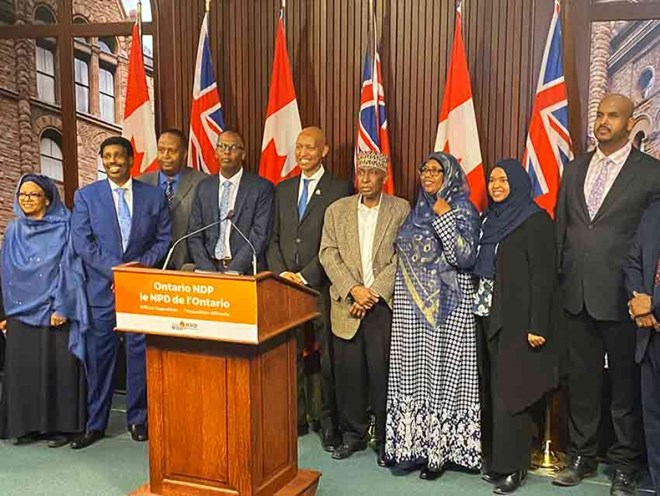 NDP MPP Faisal Hassan and members of Toronto's Somali community at a press conference on March 10, 2020. Faisal Hassan Twitter
