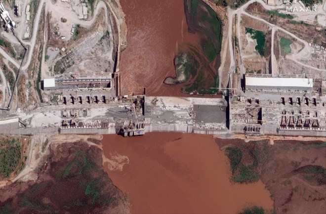 This satellite image of the Grand Ethiopian Renaissance Dam on the Blue Nile river in the Benishangul-Gumuz region of Ethiopia. Maxar Technologies via AP