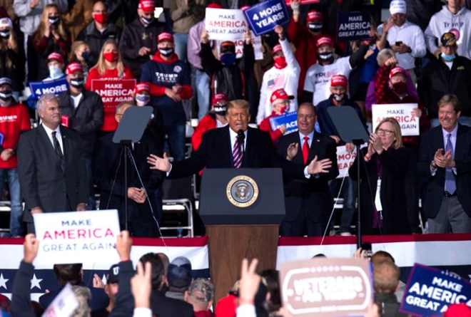 President Donald Trump’s remarks at a campaign rally in Bemidji on Friday, Sept. 18, included both negative references to refugees and praise for the “good genes” of his almost all-white audience.(Stephen Maturen/Getty Images)