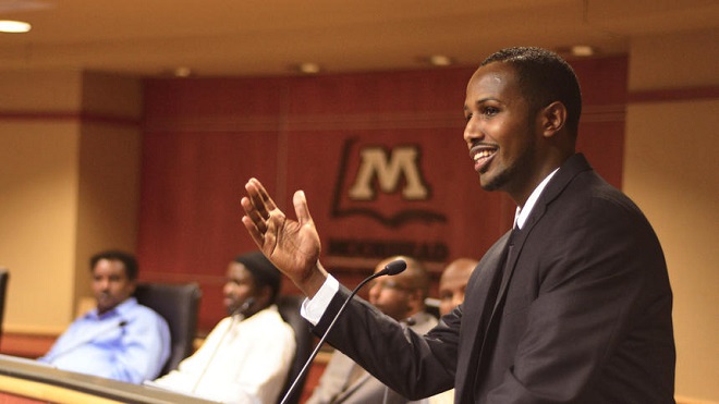 Hukun Abdullahi, executive director of the Afro American Students Association speaks during a meeting where the Somali Council of Elders was introduced to local Moorhead leaders and the Somali community on Saturday, Oct. 24, 2015. Rick Abbott / The Forum
