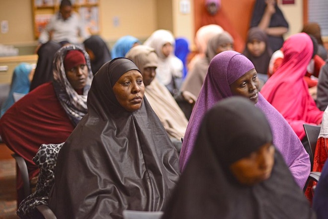 Women listen during a meeting where the Somali Council of Elders was introduced to local Moorhead leaders and the Somali community on Saturday, Oct. 24, 2015. Rick Abbott / The Forum