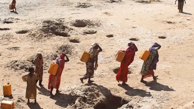 Women carry jerry cans of water from shallow wells dug from the sand along the Shabelle River bed, which is dry due to drought in Somalia's Shabelle region, March 19. REUTERS/Feisal Omar