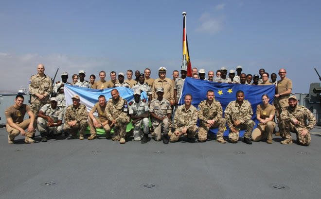 Members of the Djibouti Coastguard aboard Op Atalanta Flagship with their German instructors.