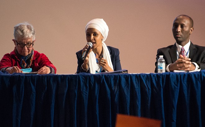 DFL Rep. Phyllis Kahn, left, took part in a Q&A session with fellow candidates Ilhan Omar, center, and Mohamud Noor in the auditorium of Northeast Middle School earlier in the month. ( AARON LAVINSKY)