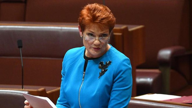 One Nation leader Senator Pauline Hanson makes her maiden speech in the Senate in Canberra, Wednesday, Sept. 14, 2016. (AAP Image/Mick Tsikas)