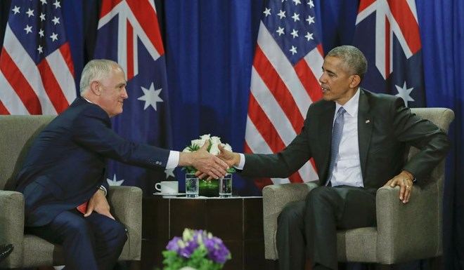 U.S. President Barack Obama shakes hands with Australia’s Prime Minister Malcolm Turnbull during their meeting at the Asia-Pacific Economic Cooperation (APEC), in Lima, Peru, Sunday, Nov. 20, 2016. (AP Photo/Pablo Martinez Monsivais) more >