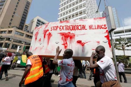 A group of people protesting against the killings of lawyer Willie Kimani and two others. Haki Africa says Kenya police are behind extrajudicial killings and disappearance of 81 people in Coast over war on terror. (PHOTO: COURTESY)