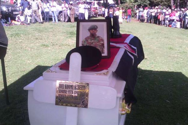 The casket containing the remains of Corporal Joel Koome Kaberia, brother to Defense Principal Secretary Kirimi Kaberia at Kilalai village in Meru County on February 5,2016. Corporal Kaberia was killed in the Al Shabaab attack at El Adde in Somalia. PHOTO | DICKSON MWITI