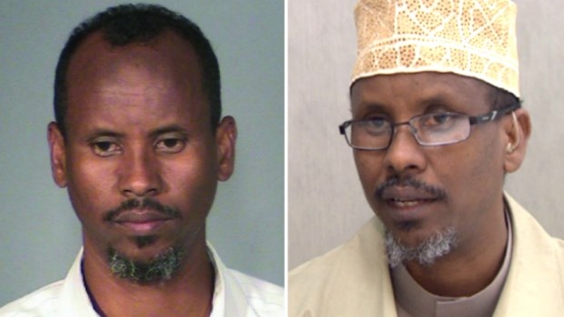 Calgary Imam Abdi Hersy, seen on the left in a Washington County Sheriff's Office booking photo and on the right in a still image from a CBC interview, is wanted in the United States on outstanding criminal charges connected to two alleged sexual assaults. He was in court to appeal termination of his refugee status. (Woodbury Police Department/CBC)