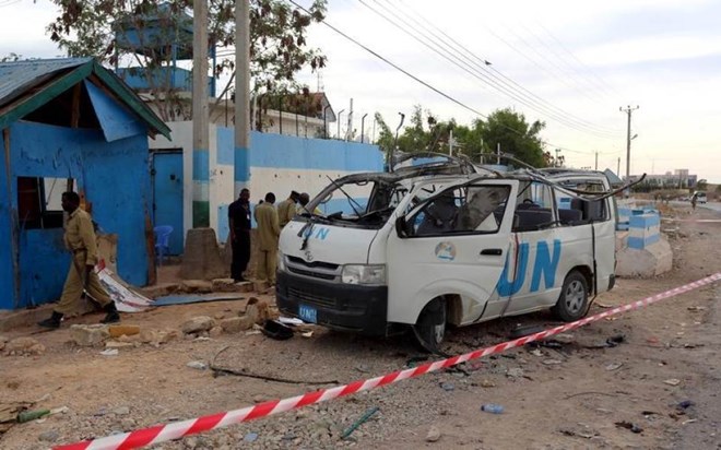 In this 2015 file photo, a U.N. van is seen damaged by an improvised explosive device (IED) outside the U.N. compound in Garowe, the administrative capital of Somalia's semi-autonomous Puntland. REUTERS/Feisal Omar