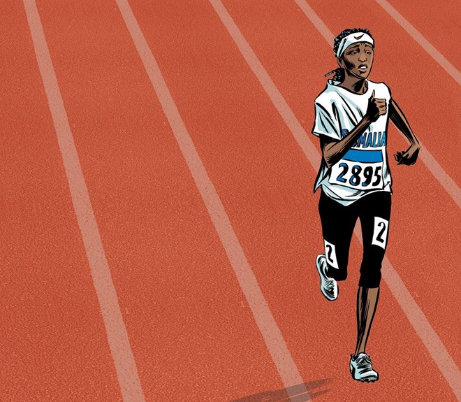 A depiction of Samia Yusuf Omar running at the 2008 Beijing Olympics. (Reinhard Kleist / Courtesy of SelfMadeHero)