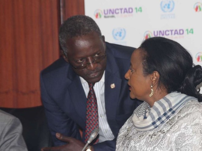 Ambassador Ben Ogutu and Foreign Affairs CS Amina Mohamed at the KICC on Monday during a press conference on the UNCTAD 14 Conference /COLLINS KWEYU