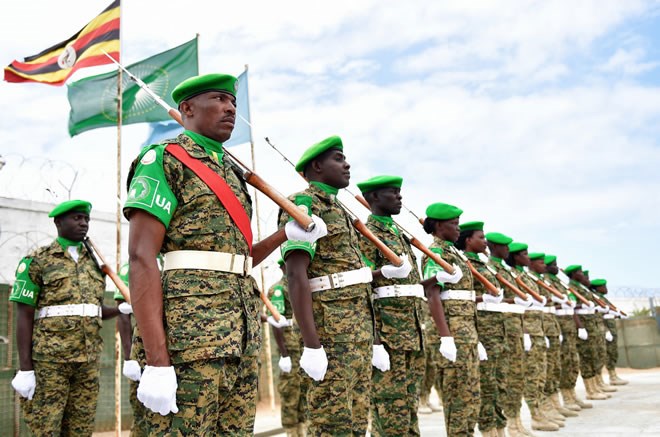 A guard of honour mounted for the Chief of Defense Forces (CDF), of the Uganda People’s Defence Force Gen David Muhoozi who arrived on official visit in Mogadishu, Somalia on 15 August 2017/AMISOM Photo