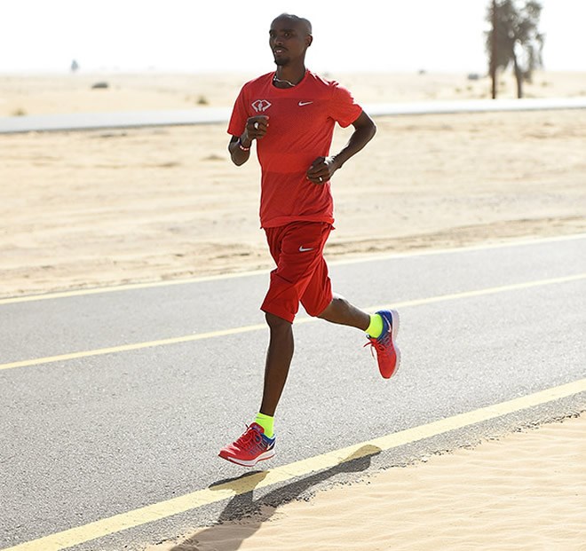 Mo Farah training in Dubai, where he has spent the winter training and on holiday with his family