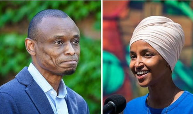 Fifth Congressional District primary rivals Antone Melton-Mieux, left, and U.S. Rep. Ilhan Omar spoke to reporters Tuesday in Minneapolis - GLEN STUBBE AND LEILA NAVIDI – STAR TRIBUN
