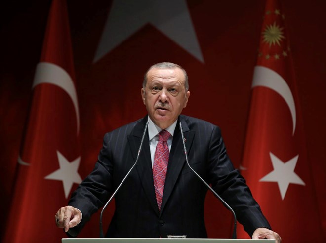 Turkish President Tayyip Erdogan speaks during a meeting of his ruling AK Party in Ankara, Turkey, August 13, 2020. Presidential Press Office/Handout