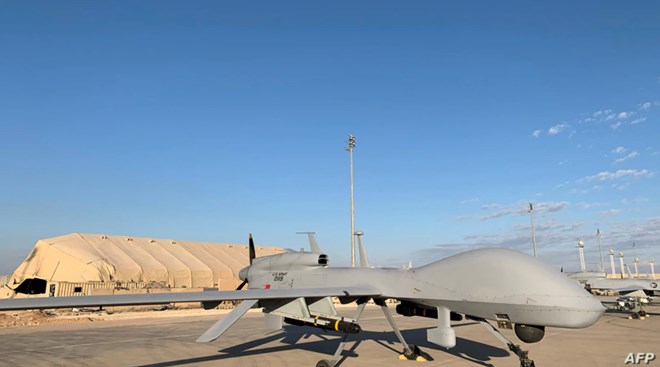 A picture taken on Jan. 13, 2020, during a press tour organized by the US-led coalition fighting the remnants of the Islamic State group, shows US army drones at the Ain al-Asad airbase in the western Iraqi province of Anbar.