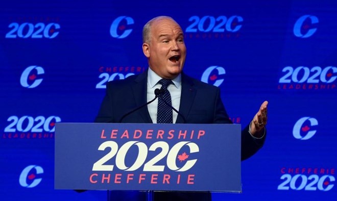 Newly elected Conservative Leader Erin O’Toole delivers his winning speech following the Conservative party of Canada 2020 Leadership Election in Ottawa on Monday, August 24, 2020. (AFP)