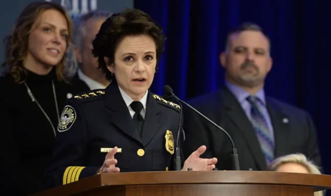 Atlanta police Chief Erika Shields is shown in 2019. Shields resigned on Saturday after the fatal shooting of Black man outside a Wendy's restaurant on Friday. (John David Mercer/USA TODAY Sports via Reuters)