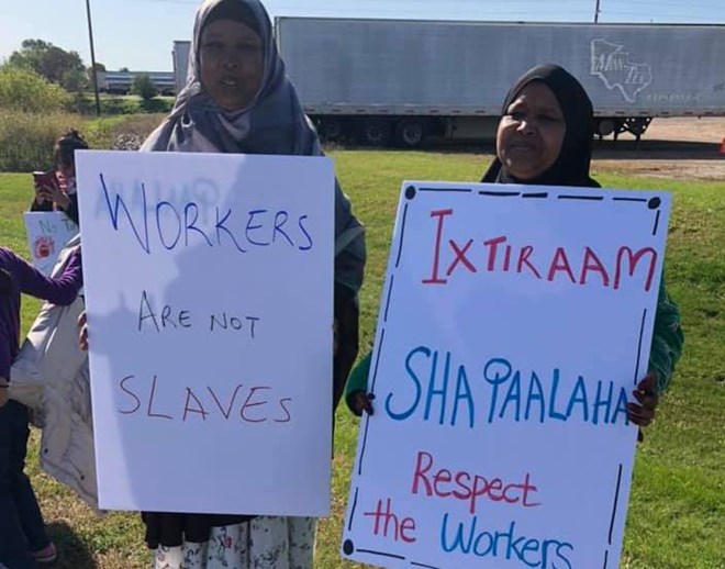 Somali protesters outside Pilgrim’s Progress meatpacking factory in Minnesota.GREATER MINNESOTA WORKER CENTER/FACEBOOK