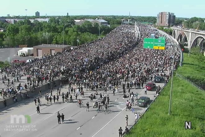 After marching from U.S. Bank Stadium, thousands of protesters flooded onto Interstate 35W in Minneapolis on Sunday, shutting it down. MINNESOTA DEPARTMENT OF TRANSPORTATION