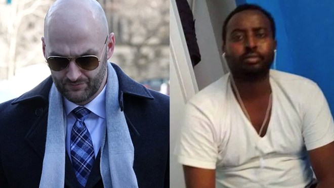 Const. Daniel Montsion, left, was found not guilty in death of Abdirahman Abdi, right. (Robyn Miller/CBC, Family photo)