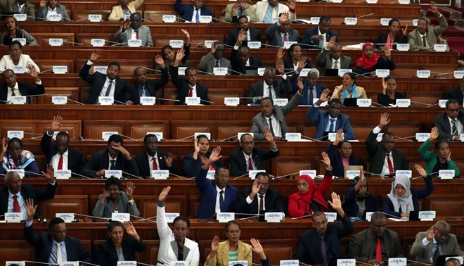 Ethiopian legislators vote inside the Parliament Building in Addis Ababa, Ethiopia on January 2, 2020. REUTERS/Tiksa Negeri