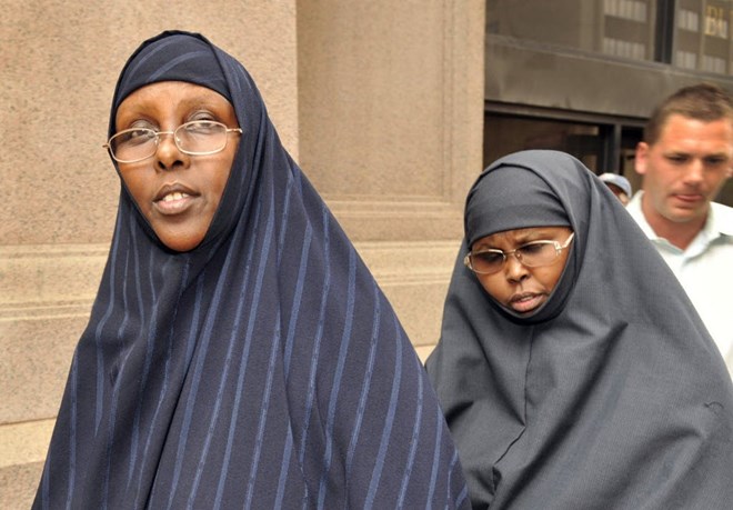 Hawo Mohamed Hassan, left, and Amina Farah Ali entering the federal courthouse during their trial.STAR TRIBUNE