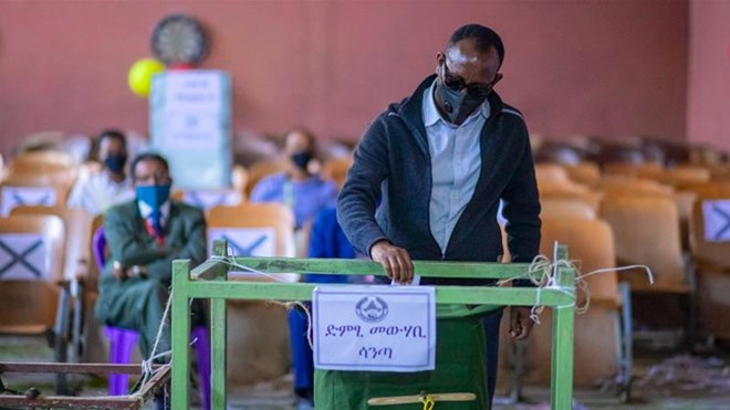 A man casts his vote in the local election in regional capital Mekelle, Tigray region of Ethiopia [Associated Press]