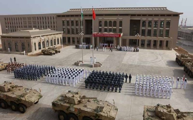 Chinese People’s Liberation Army personnel attending the opening ceremony of China’s military base in Djibouti. [AFP]