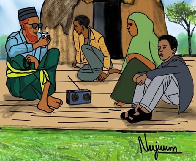 A Nujuum Hashi painting of a family listening to the radio outside their dwelling