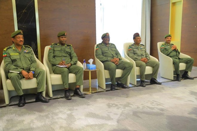 Major General Nuh Ismail Tani, Chief of Staff of Somaliland, leads a delegation for talks with Field Marshal Birhanu Jula, Chief of Staff of the Ethiopian National Defense Force, in a high-level military meeting in Addis Ababa on January 8, 2024. (Credit: Ethiopian News Agency)