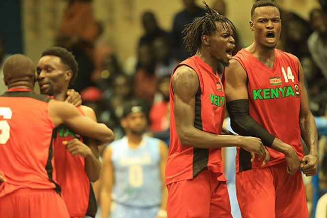 Kenya Morans celebrate their win against Somalia during their FIBA Afro Basket 2021 Qualifier match at Nyayo Gymnasium stadium in Nairobi on January 16, 2020. PHOTO | SILA KIPLAGAT | NATION MEDIA GROUP
