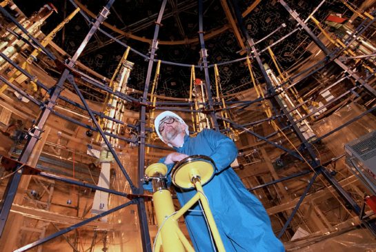 Nobel Prize award winner, Arthur B. McDonald is seen on a lift in this file photo from 1996.