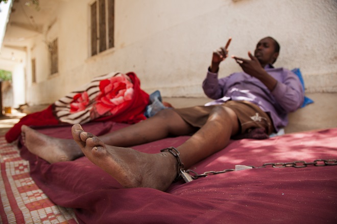 This man, who asked not to be named but usually lives in the Netherlands, was on a long visit to Somaliland when relatives placed him at the privately run Raywan centre in Hargeisa two months earlier. He could not clearly identify his condition. [Zoe Flood/Al Jazeera]