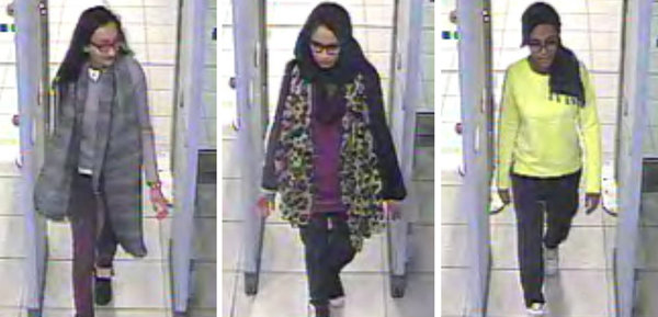 Images from recordings at Gatwick Airport show, from left, Khadiza Sultana, Shamima Begum and Amira Abase passing through security before flying to Turkey.
