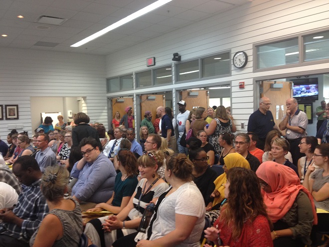 The meeting room was packed as Tuesday night's Columbia Heights school board meeting started.