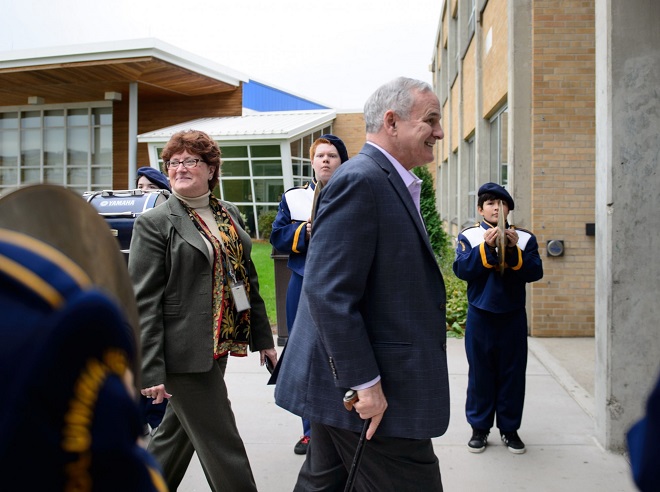 Governor Dayton was accompanied into Columbia Heights High School by Columbia Heights School Superintendant Kathy Kelly, left, who refused to allow media to hear the Governor. A school drum corps greeted him.