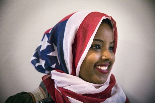 St. Cloud State University student Barwaaqo Dirir, 21, sported a hijab with a patriotic twist for a talk by Jaylani Hussein, executive director of CAIR-MN. ( LEILA NAVIDI – STAR TRIBUNE)