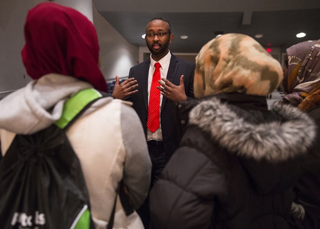 Jaylani Hussein, executive director of CAIR-MN, had an exchange with St. Cloud State students after giving a talk about Islamophobia in February. (LEILA NAVIDI)