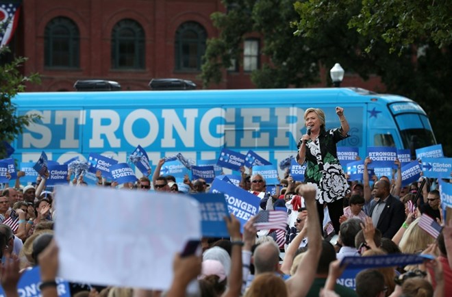 Democratic presidential nominee Hillary Clinton speaks during a campaign rally at Fort Hayes Vocational School on July 31, 2016 in Columbus, Ohio/Getty/AFP