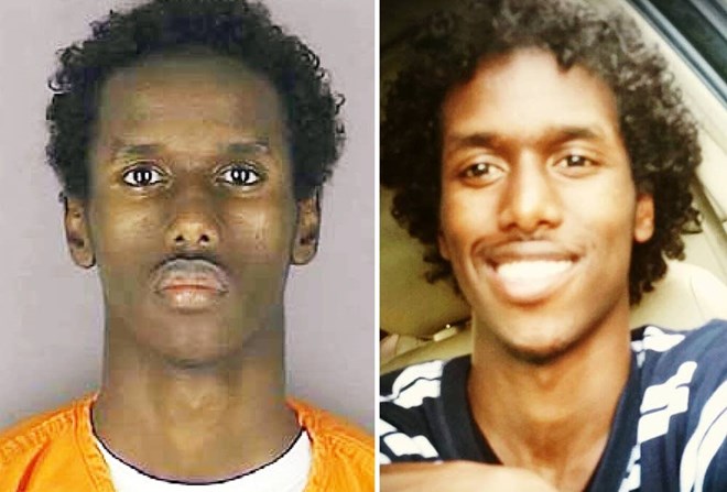 Two sides of Guled Omar: A mugshot provided by Hennepin County in April 2015, and his Facebook profile in June 2014. Hennepin County Sheriff, Omar family
