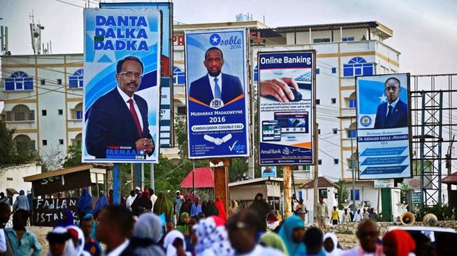 Campaign posters in Mogadishu tout candidates for president of Somalia. (Mohamed Abdiwahab / AFP/Getty Images)