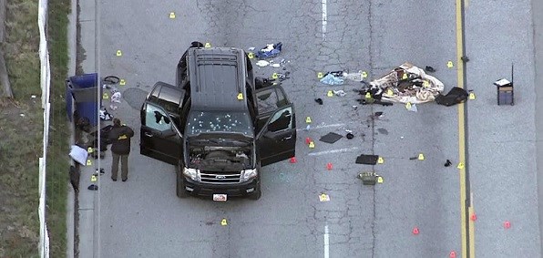 Crime scene following chase of vehicle driven by San Bernardino shooters Syed Farook and Tashfeen Malik, who killed 14 people at a Christmas party. Americans are fearful of Islamic terrorism but CAIR sees it as merely ‘Islamophobia’