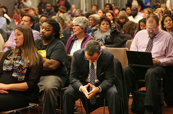 Dr. Sergio Paez dropped his head after the Minneapolis School Board members voted to terminate contracts talks with him to be the next Minneapolis Public Schools superintendent Tuesday January 12, 2016 in Minneapolis, MN.