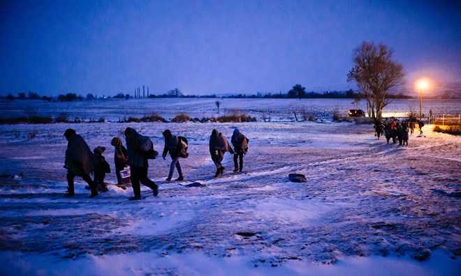 Refugees cross the Macedonian border into Serbia on Sunday. Milos Zeman said integration only works with certain cultures, citing the Vietnamese community.
Photograph: Dimitar Dilkoff/AFP/Getty Images