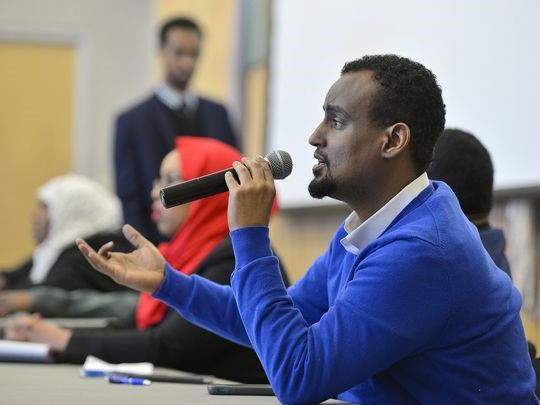 Somali community advocate Haji Yusuf answers a question Saturday, Jan. 2 about how parents in Somali culture adjust to the differences in culture when their children are sent to school. (Photo: Kimm Anderson)