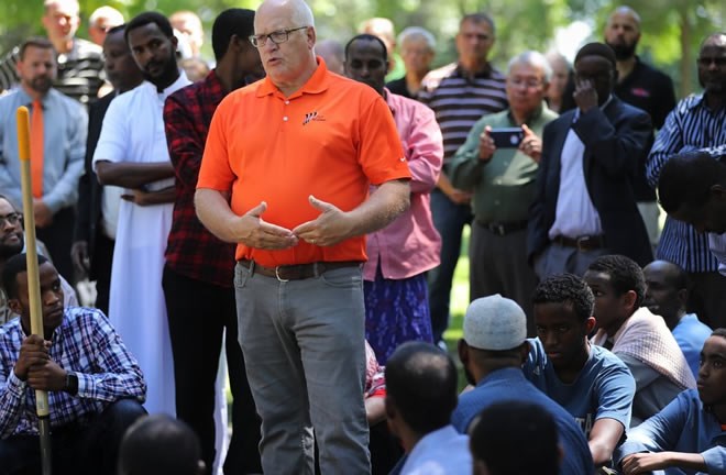 Mayor Marv Calvin gave a message of unity and support to the Somali community at the funeral.