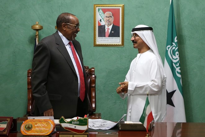 Ahmed Mohamed Silanyo, the president of Somaliland, meets DP World chairman Sultan bin Sulayem. Pawan Singh / The National