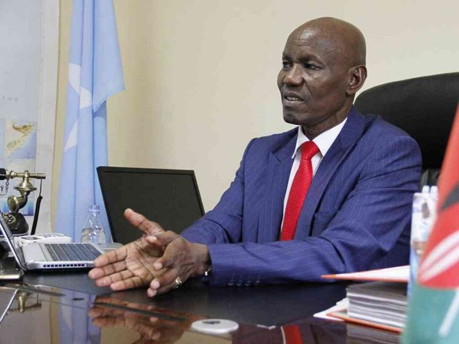 Ambassador Lucas Tumbo during the interview in his office in Mogadishu. /MONICAH MWANGI